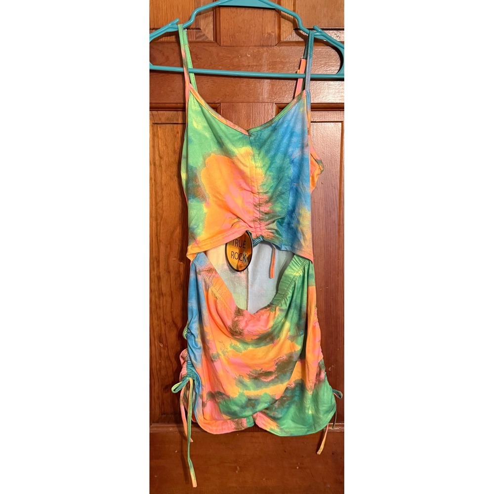 True Rock Women Tie Dye Cut Out Ruched Romper Neon Multicolor L NWT